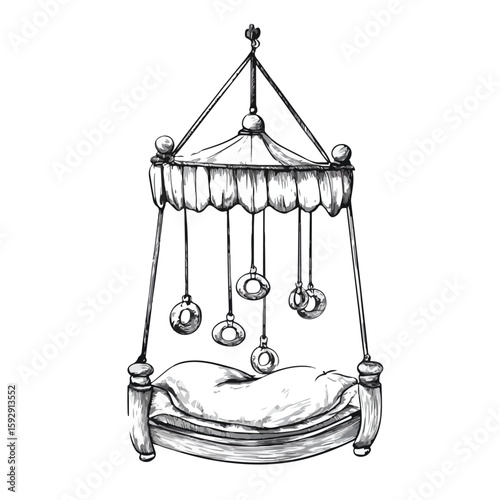 Vintage baby crib toy sketch illustration