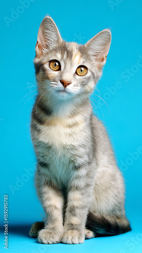Young tabby cat with amber eyes sitting against a blue background kitten domestic shorthair