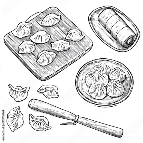 Variety of hand-drawn dumpling sketches