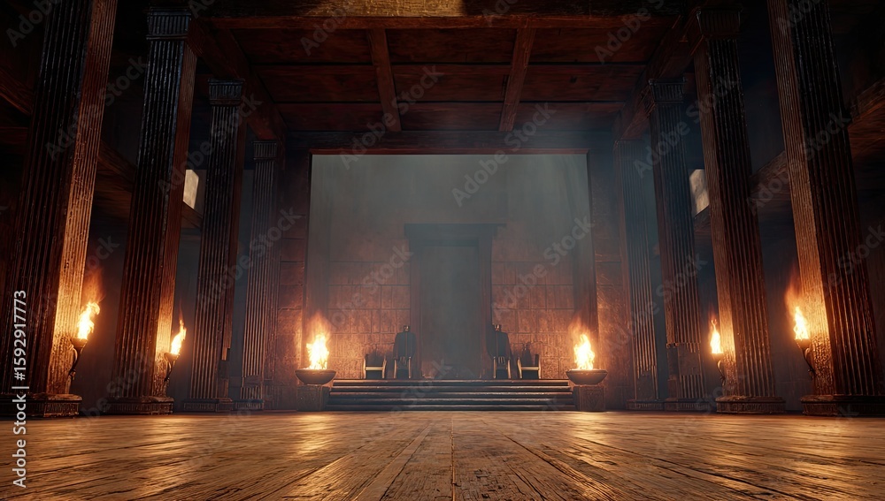 Obraz premium Ancient wooden hall with throne
