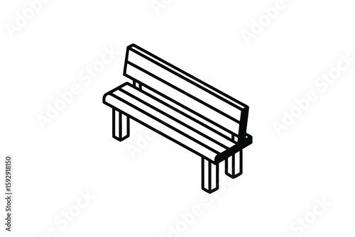 Isometric Park Bench Illustration Isolated on White Background in Black and White Silhouette