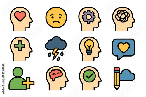 Modern vector illustration of mental health thin line icons set, including mental growth, negative thinking, emotional reasoning, logical plan, obsession, inner dialogue, balance, and self identity