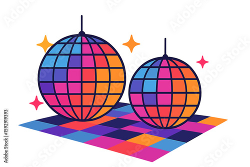 Vector illustration of disco balls, a night club party element featuring a mirror surface and silver and golden dance club light effects, representing retro futuristic technology of the 80s with