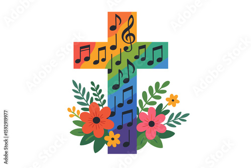 Vector illustration of a vibrant christian cross incorporating a music staff and notes, ideal for gospel church music, concerts, choir performances, and Christian prayer