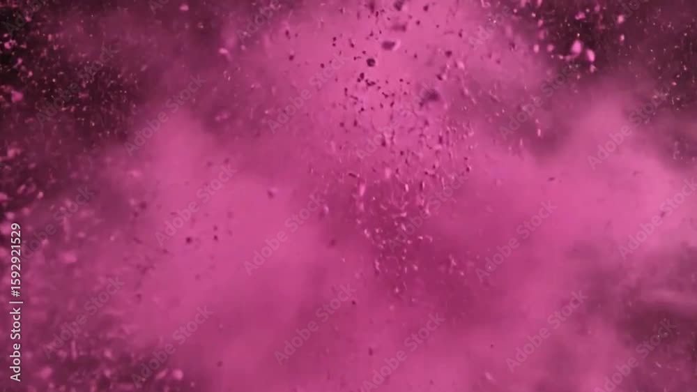 A vibrant pink dust explosion on a dark background creates a dynamic and abstract visual effect