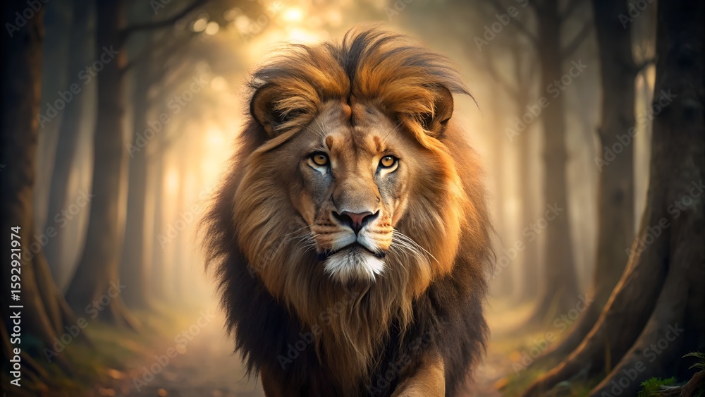 Naklejka premium A powerful lion walks through a sundappled forest, its mane catching the light