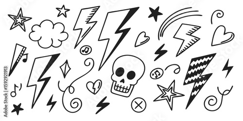 hand drawn doodles sketches symbols lightning bolts stars skulls arrows hearts decorative elements tattoo designs graffiti art isolated on white background.