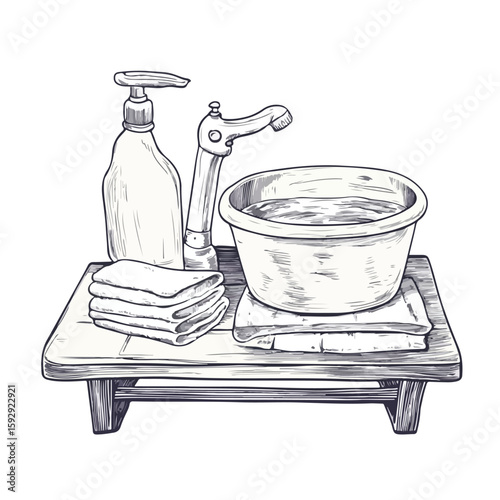Vintage washboard and cleaning supplies sketch