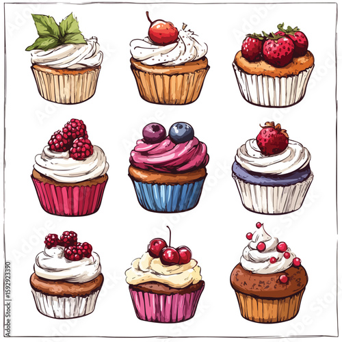 Hand-drawn Cupcake Sketch Set