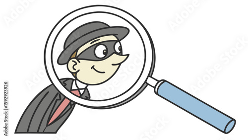 magnifying glass revealing a masked villain representing crime and cybersecurity investigation isolated on white background.