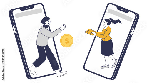 illustration of mobile payment and digital transaction between two smartphones with dollar coin isolated on white background.
