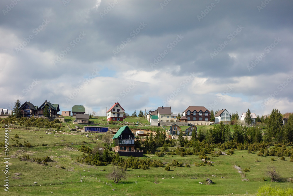 Obraz premium panoramic view of picturesque lodges in countryside of Zabljak, Montenegro