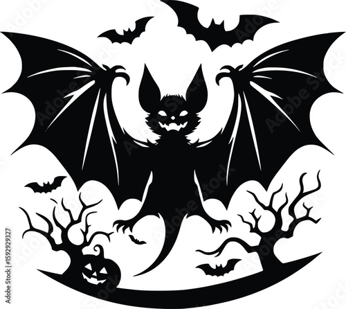 Creepy Bat Flying Halloween Silhouette with Spooky Trees and Pumpkin. new 2025 trendy