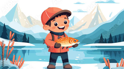 Joyful boy catching fish illustration