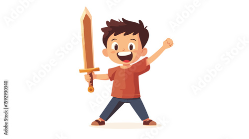 Joyful boy with wooden sword illustration