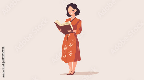 Smiling Chinese teacher with book illustration