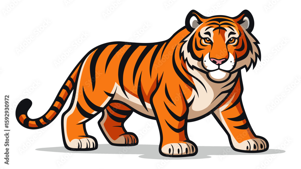Naklejka premium Tiger vector illustration of a wild bengal cat, a striped feline predator, isolated on a white background