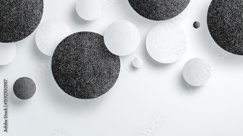 Black and White Glittering Circular Elements on a Light Textured White Background with Minimalist Sparkle Design