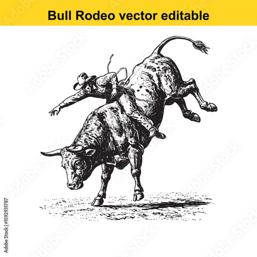 Cowboy rides a bucking bull in a rodeo