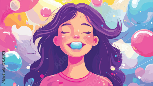 Joyful girl chewing gum vector illustration