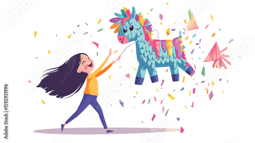 Joyful Girl at Piñata Party Illustration