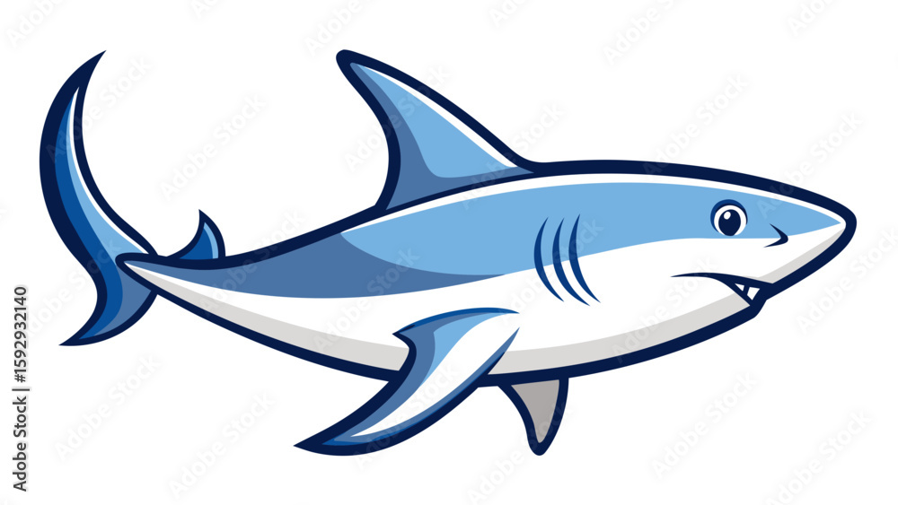 Obraz premium Vector illustration of a dangerous cartoon shark swimming isolated on white with an ocean blue background