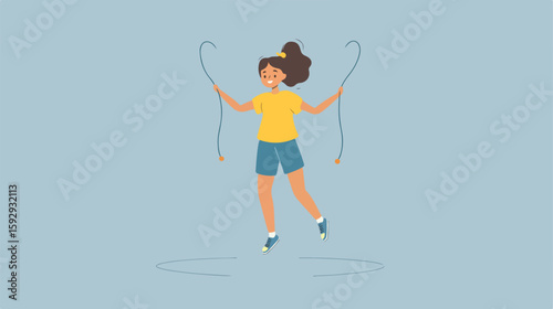 Cheerful Girl Skipping Rope Vector Illustration