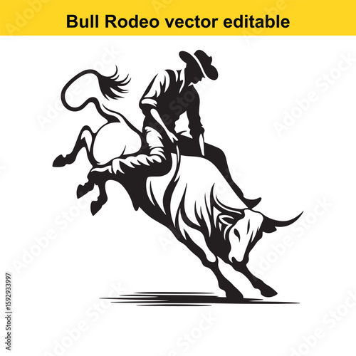Cowboy riding a bucking bull in a rodeo