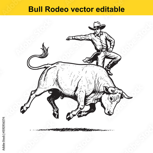 Cowboy riding a bull in a rodeo