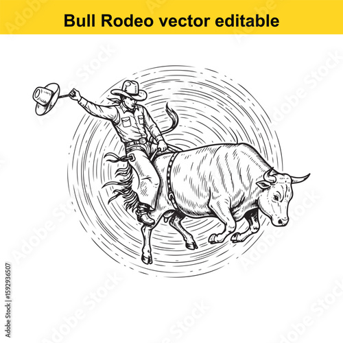 Cowboy riding a bull in a rodeo