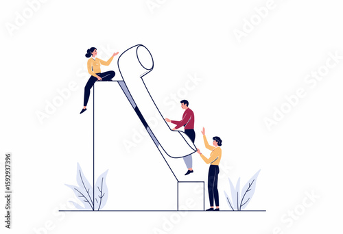 Three people interacting with a large phone receiver illustration  