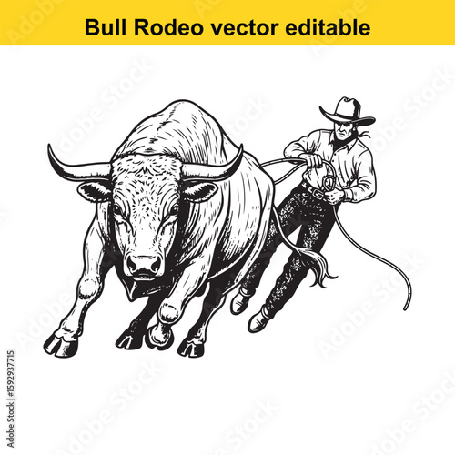 Cowboy holding reins of a powerful bull
