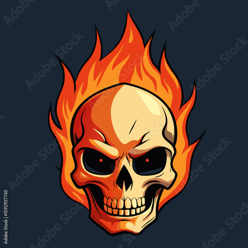 Fiery Skull with Flames Vector. Burning Skull Art for Halloween T-Shirt. Aggressive Skeleton Head Fire Concept. Scary Horror Flame Skull Graphic for Dark Apparel and Prints

