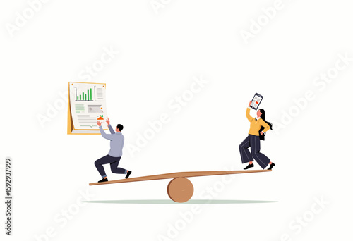 Business people balancing on seesaw with charts and reports  