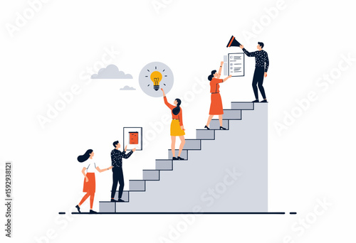 Diverse team collaborating on stairs while sharing ideas and plans  
