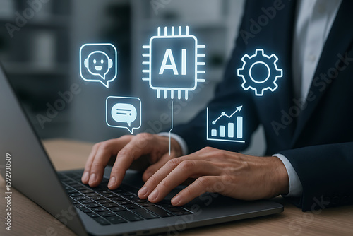 Man typing on laptop with artificial intelligence icons and digital settings interface