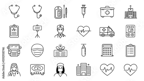 A collection of 36 minimalist black line icons, arranged in a uniform grid, representing common hospital and clinical tools. Icons include stethoscopes, surgical masks, IV bags, defibrillators, ECG ma