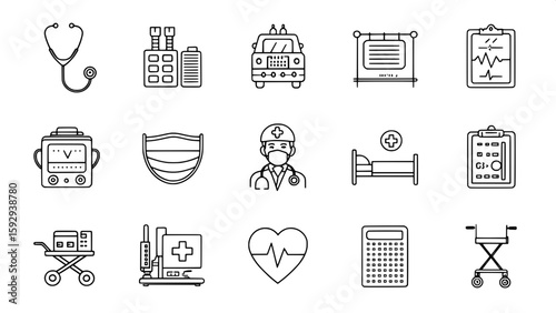 A collection of 36 minimalist black line icons, arranged in a uniform grid, representing common hospital and clinical tools. Icons include stethoscopes, surgical masks, IV bags, defibrillators, ECG ma