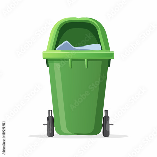 Trash bin with lid – Pedal-style bin with slightly opened lid and liner showing.

