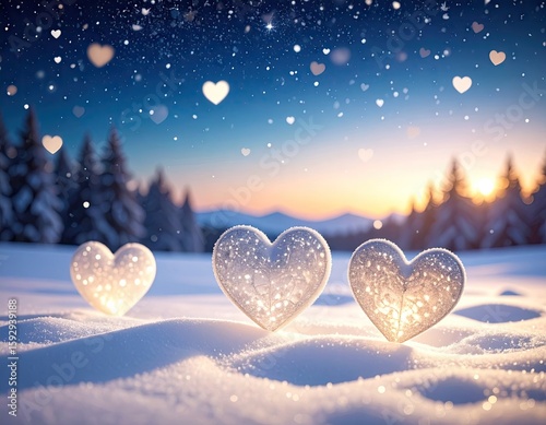 Three glowing heart-shaped ornaments in snowy landscape at dawn