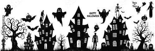 Halloween haunted house silhouette with bats and pumpkins. A big bundle of halloween haunted house silhouette set. vector illustration perfect for halloween project.Collection of halloween bats eps 10