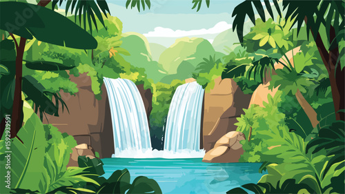 Tropical Waterfall Paradise in Lush Jungle Setting