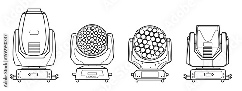 Set of Stage Moving Head Lights in Line Style. Collection of four professional stage moving head lights in clean linear style. Suitable for music events, concert lighting design, or technical diagrams