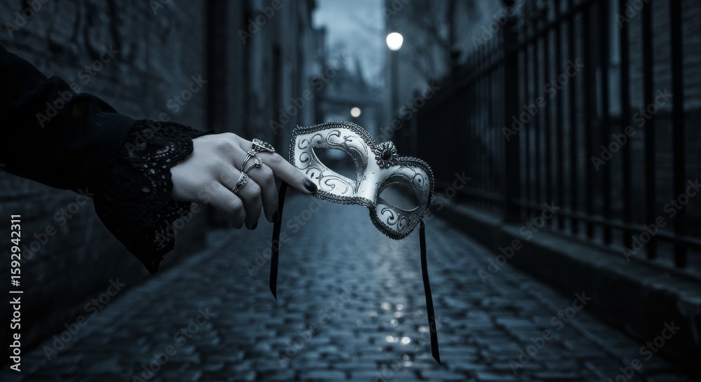 Obraz premium Gothic Female Hand Holding White Venetian Mask in Dark Alley