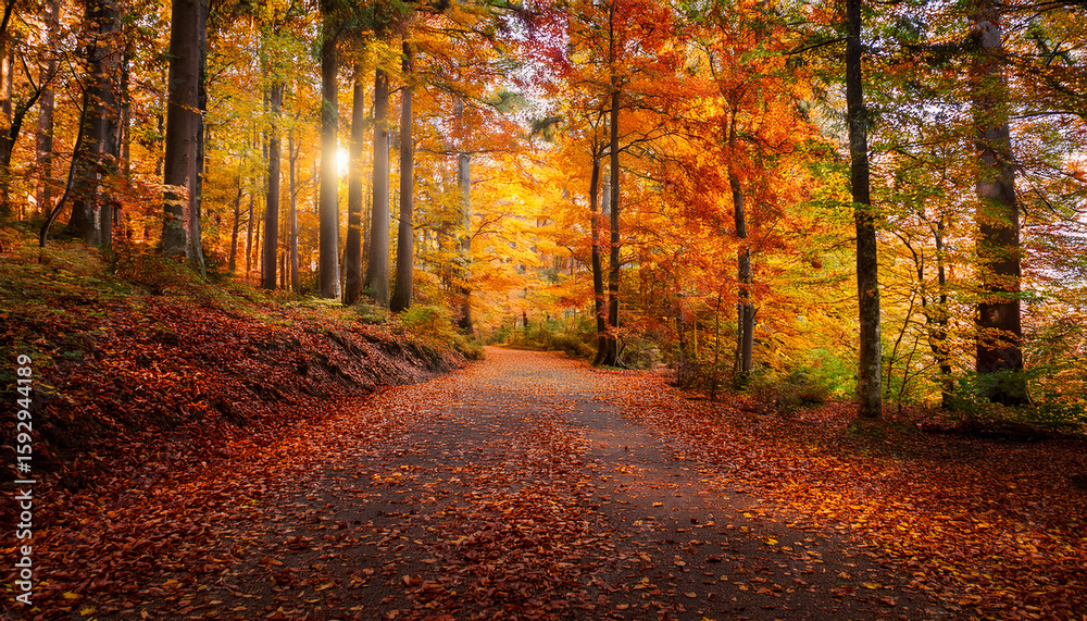 Obraz premium vibrant autumn forest pathway with colorful falling leaves