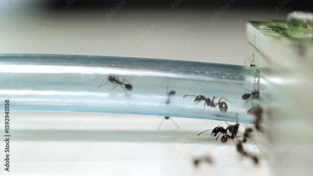 Relocation of ants to another formicarium through a pipe close-up side view. Colony of black reapers messor ants in the acrylic ant farm. Hobby pets watching. Working teamwork concept. 4K footage.