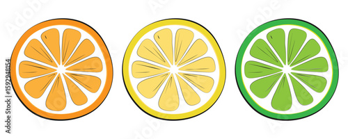 Lemon, lime, orange slice. Citrus fruits set. Vector cartoon illustration. Slices of lime, orange, lemon icons collection. Stylized minimalist pictograms on white background.