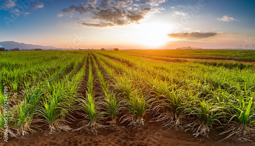 agriculture sugarcane field at sunset sugar cane plant tree in countryside for food industry or renewable bioenergy