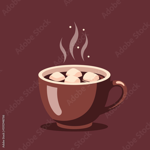 Hot chocolate cup with marshmallows and steam on brown background  