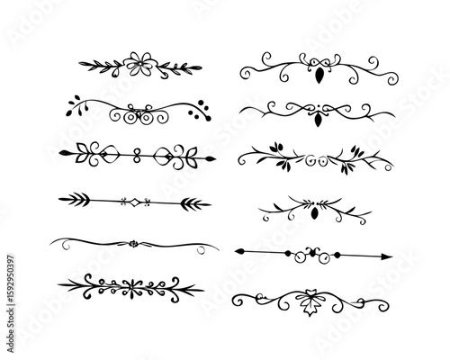 text dividers doodle set. Wedding decorative elements. Divider ornament, borders, floral, vintage line separators. Hand drawn vector illustration isolated on white background. Set page dividers.